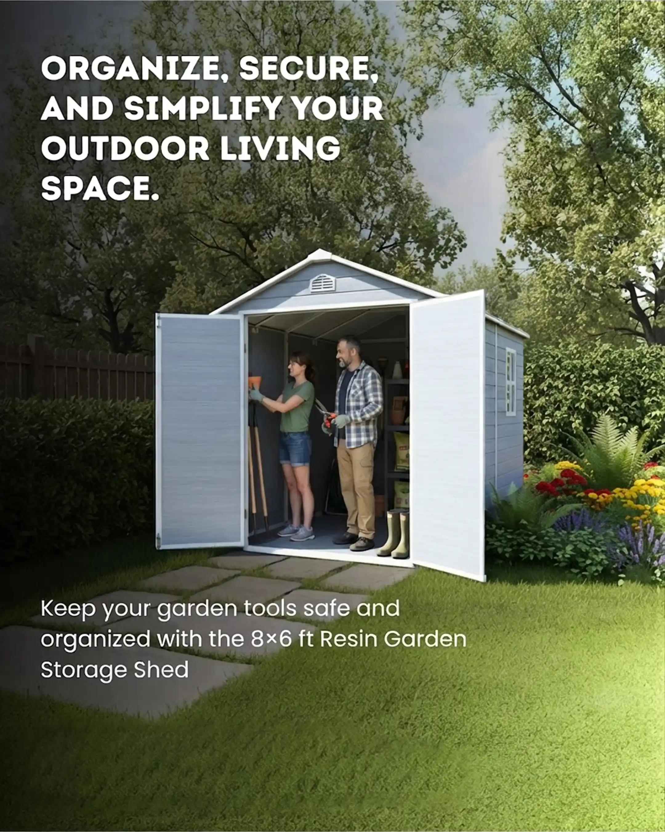 8x6 ft Resin Garden Storage Shed with Lockable Doors, Window & Metal Foundation – Dark Grey & White