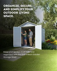 8x6 ft Resin Garden Storage Shed with Lockable Doors, Window & Metal Foundation – Dark Grey & White