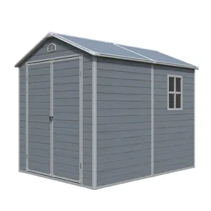 8x6 ft Resin Garden Storage Shed with Lockable Doors, Window & Metal Foundation – Dark Grey & White