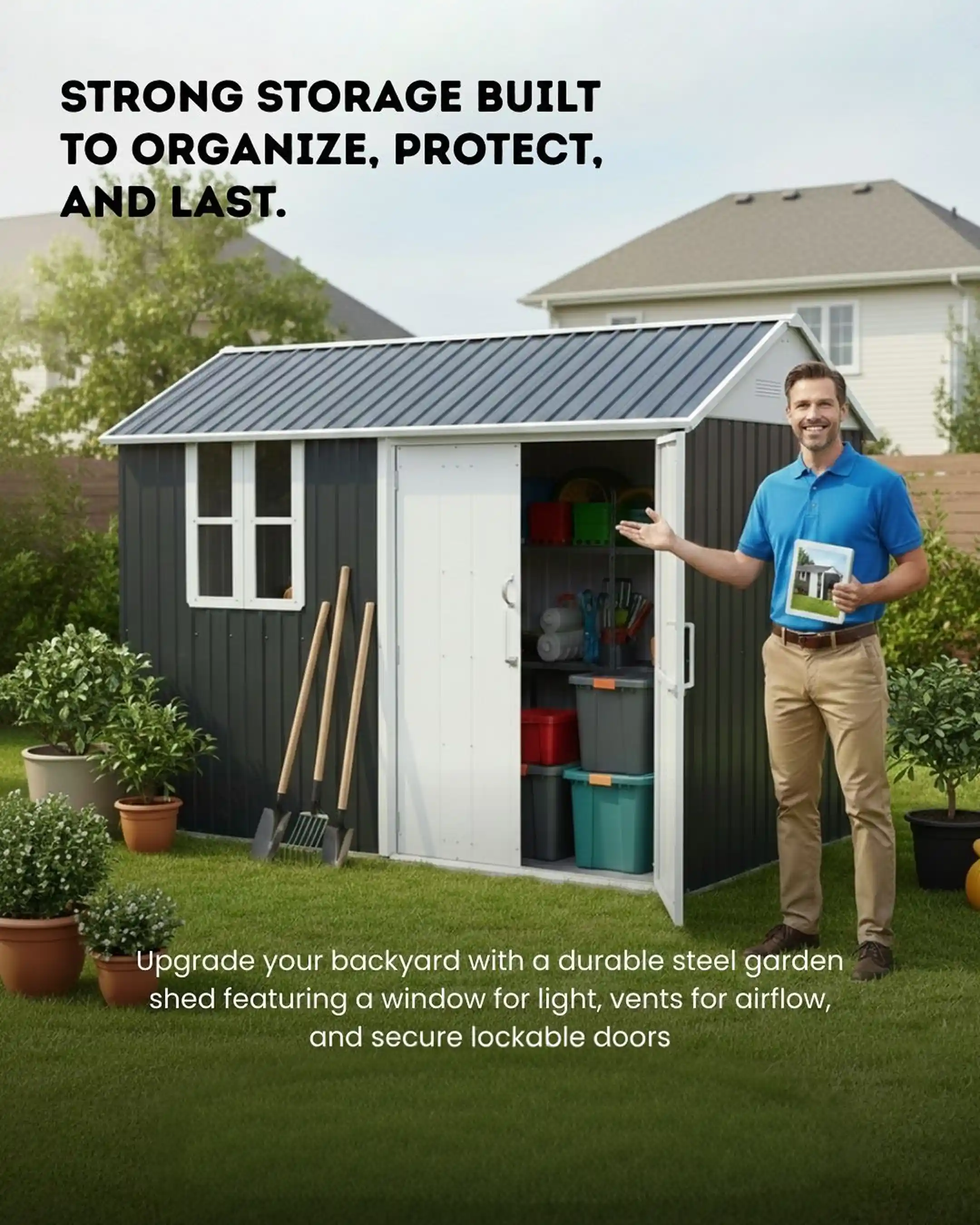 10x6 ft Steel Garden Shed with Window, Vents & Lockable Doors – Anthracite Grey