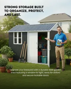 10x6 ft Steel Garden Shed with Window, Vents & Lockable Doors – Anthracite Grey