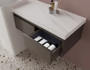 Walnut & Water Cloud White Floating Vanity Set with Floor Standing Basin — view 3 of 4
