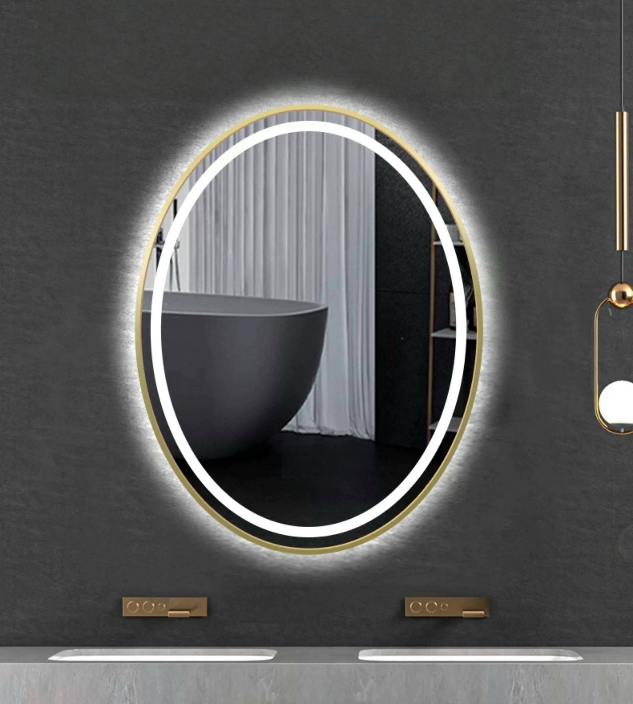 Oval LED Bathroom Mirror with Gold Edge Frame 620×900mm