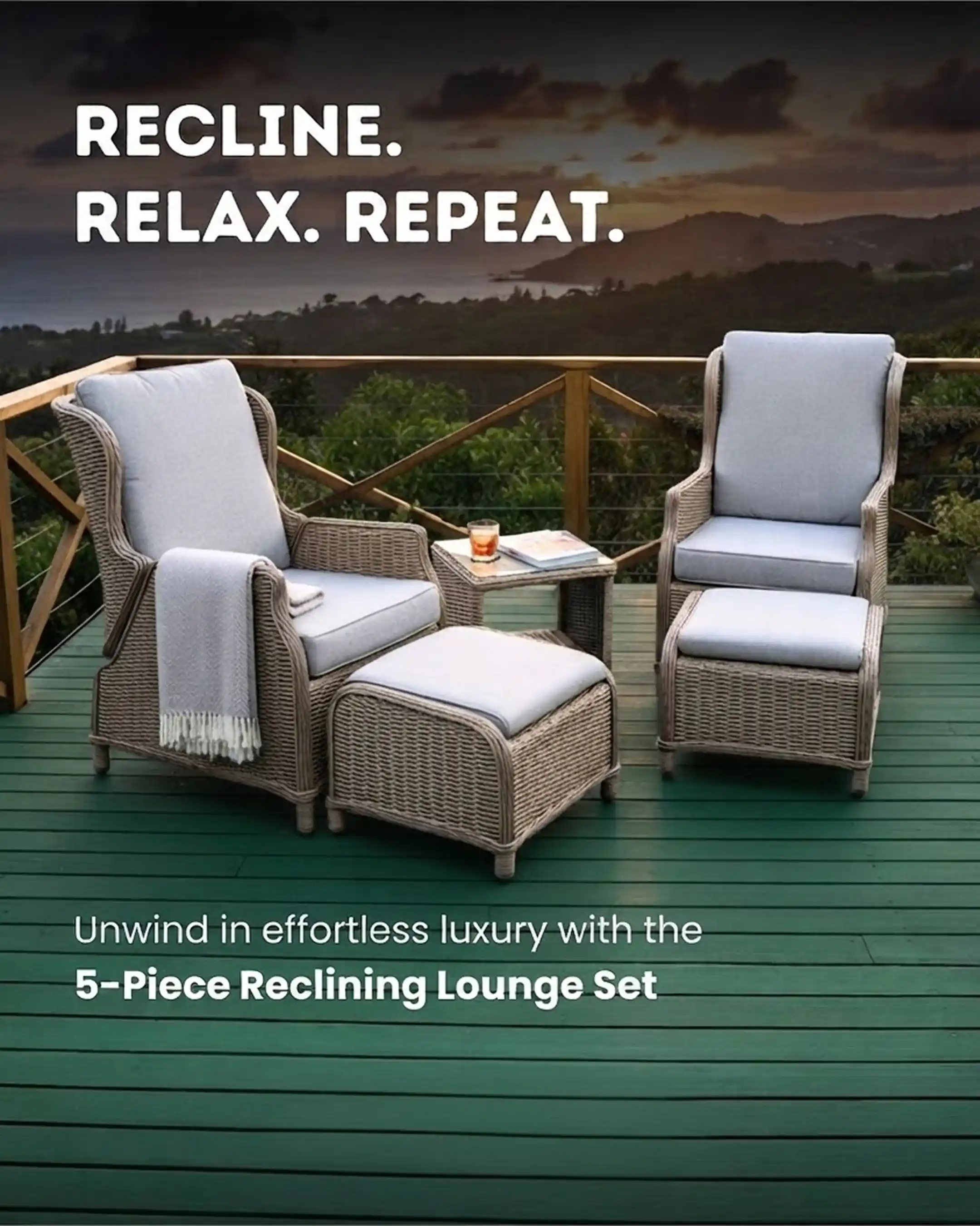 Hampton - 5-Piece Reclining Lounge Set | Aluminium Frame in Taupe with Cushions