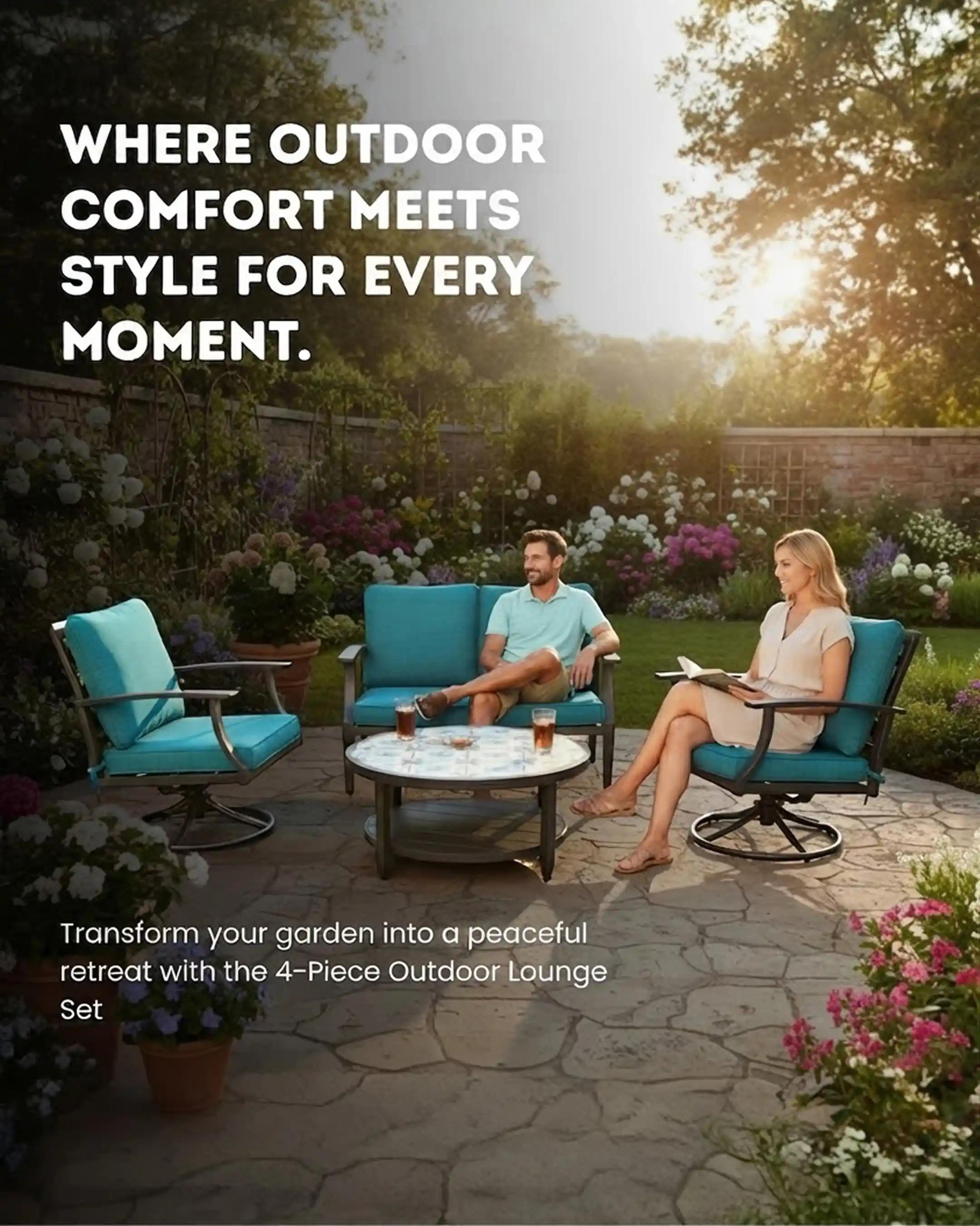 Elington - 4-Piece Outdoor Lounge Set | Steel Frame in Brown with Blue Cushions