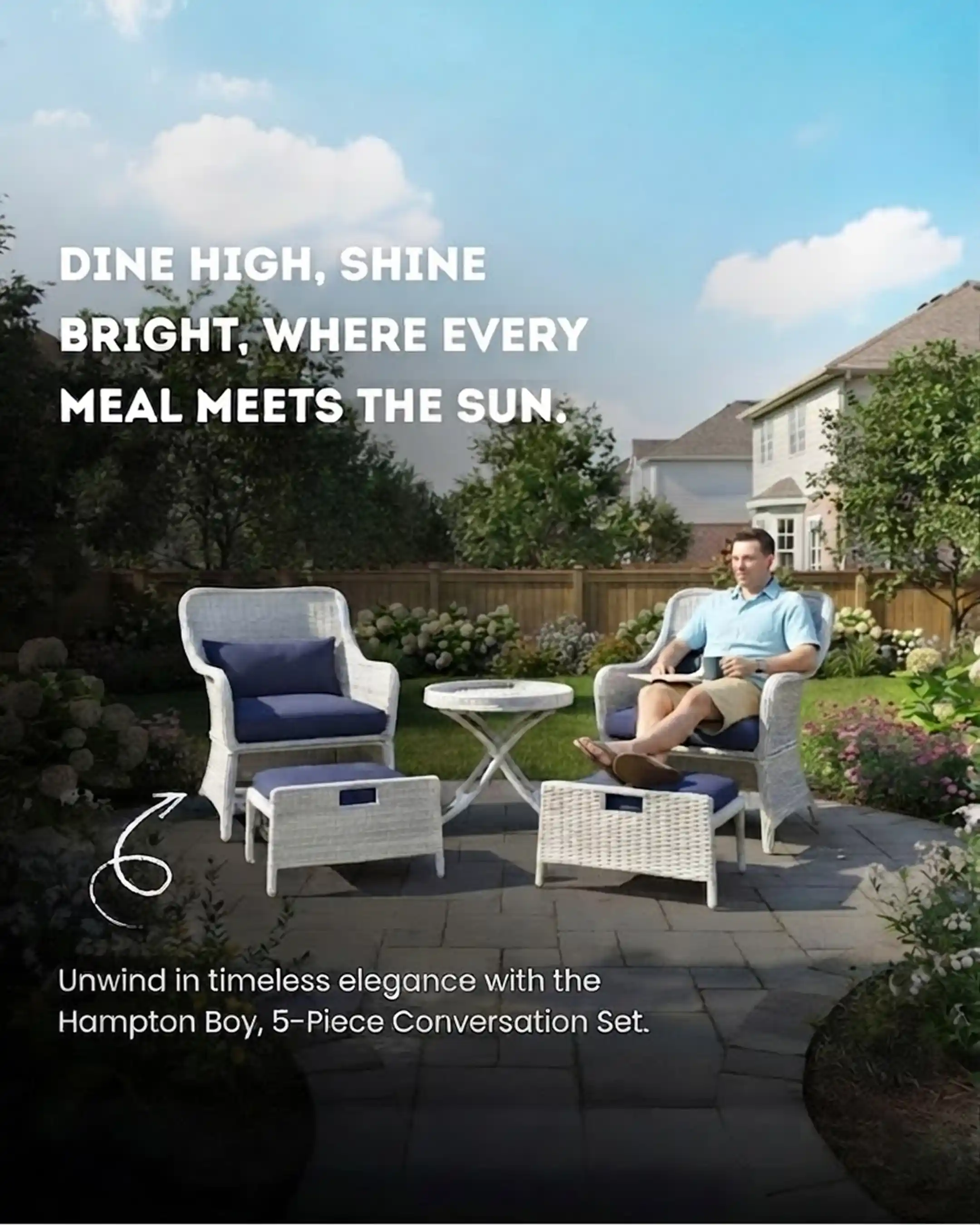 Hampton Boy - 5-Piece Conversation Set | Steel Grey Wicker with Navy Cushions