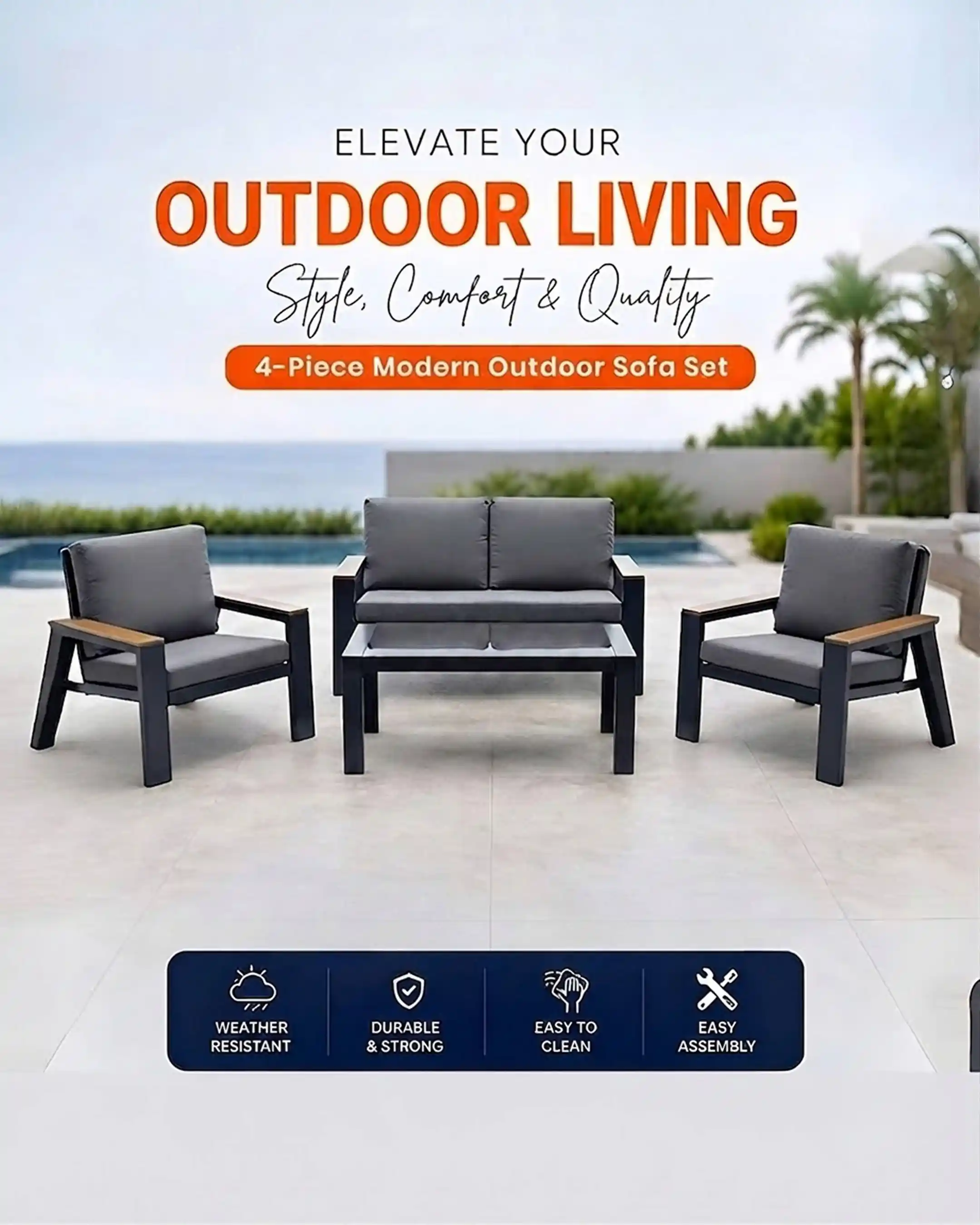 Uixe - 4-Piece Modern Outdoor Sofa Set | Aluminium Frame in Grey Finish