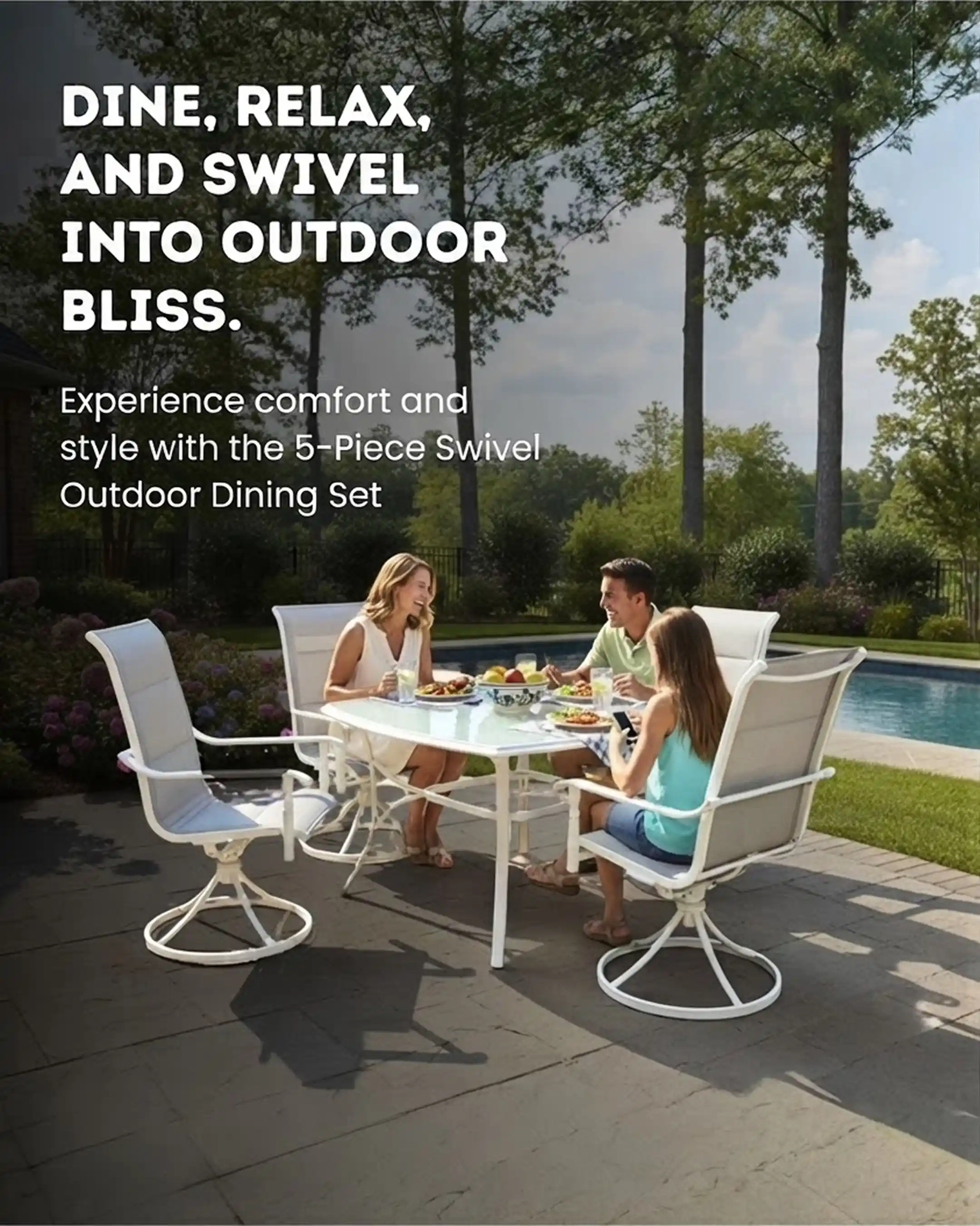 Ashbury White - 5-Piece Swivel Outdoor Dining Set | Steel Frame with Grey Mesh Seating