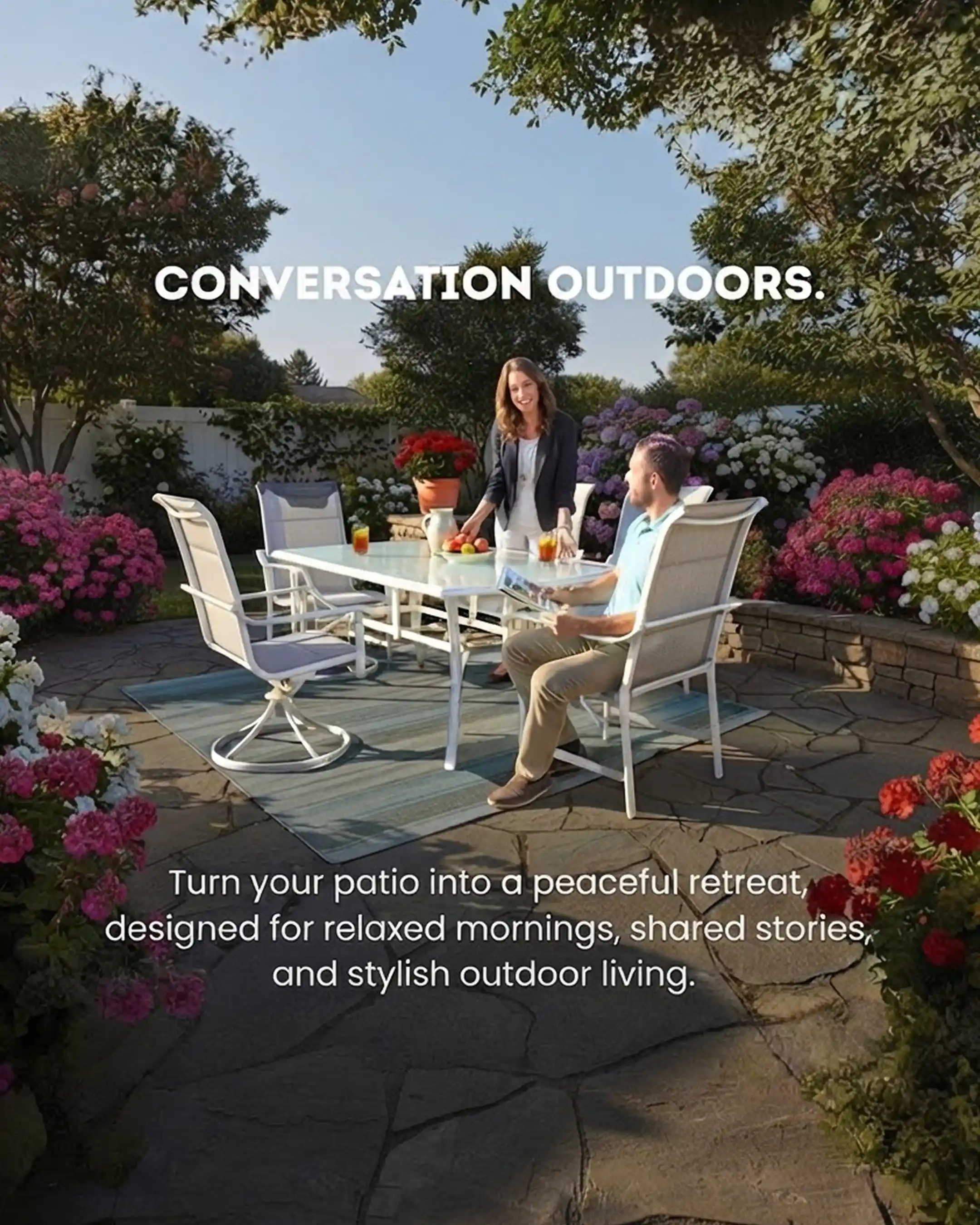 Ashbury White - 7-Piece Outdoor Dining Set | Steel Frame with Grey Mesh Seating