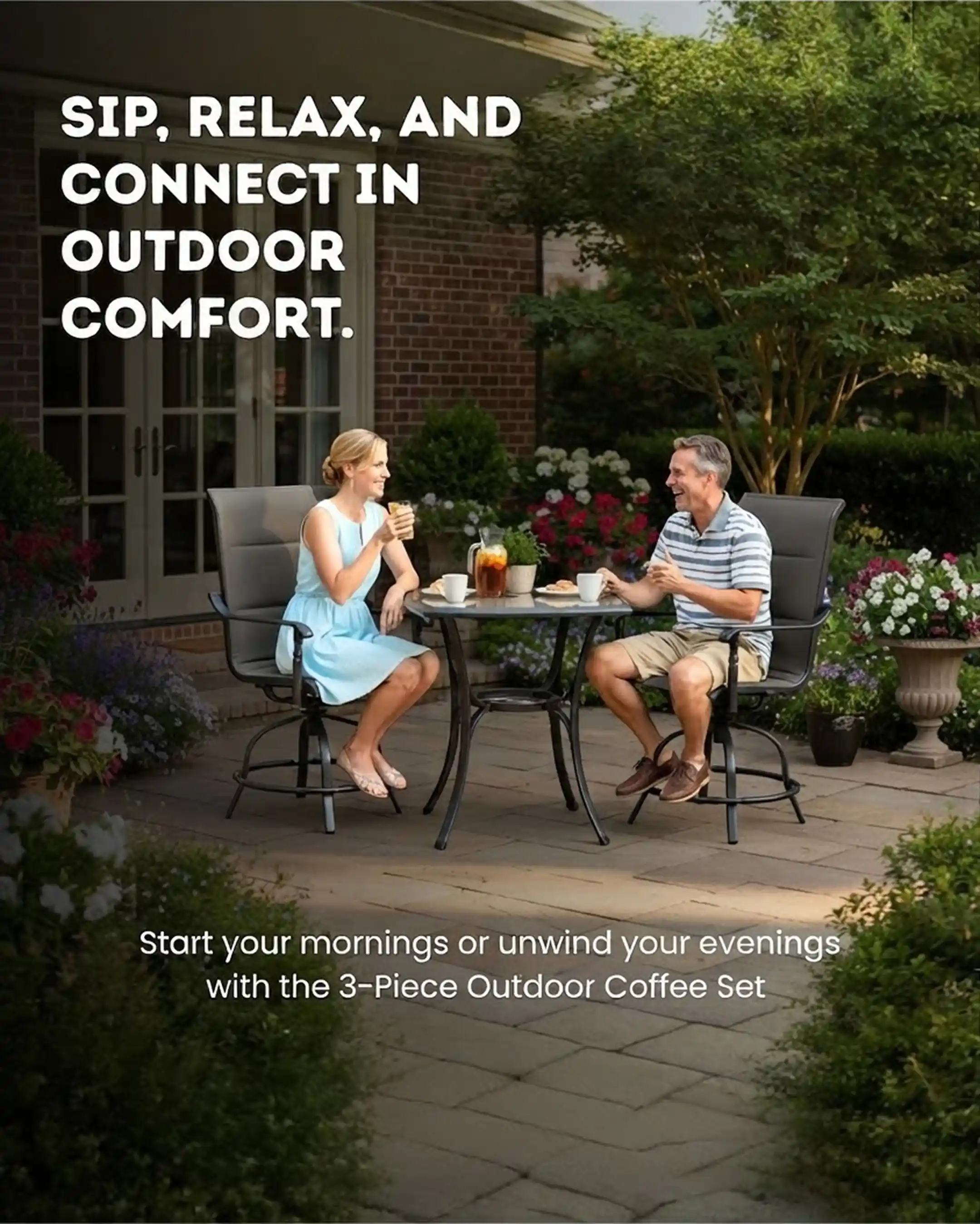 Ashbury Pewter - 3-Piece Outdoor Coffee Set | Steel Frame with Brown Mesh Chairs