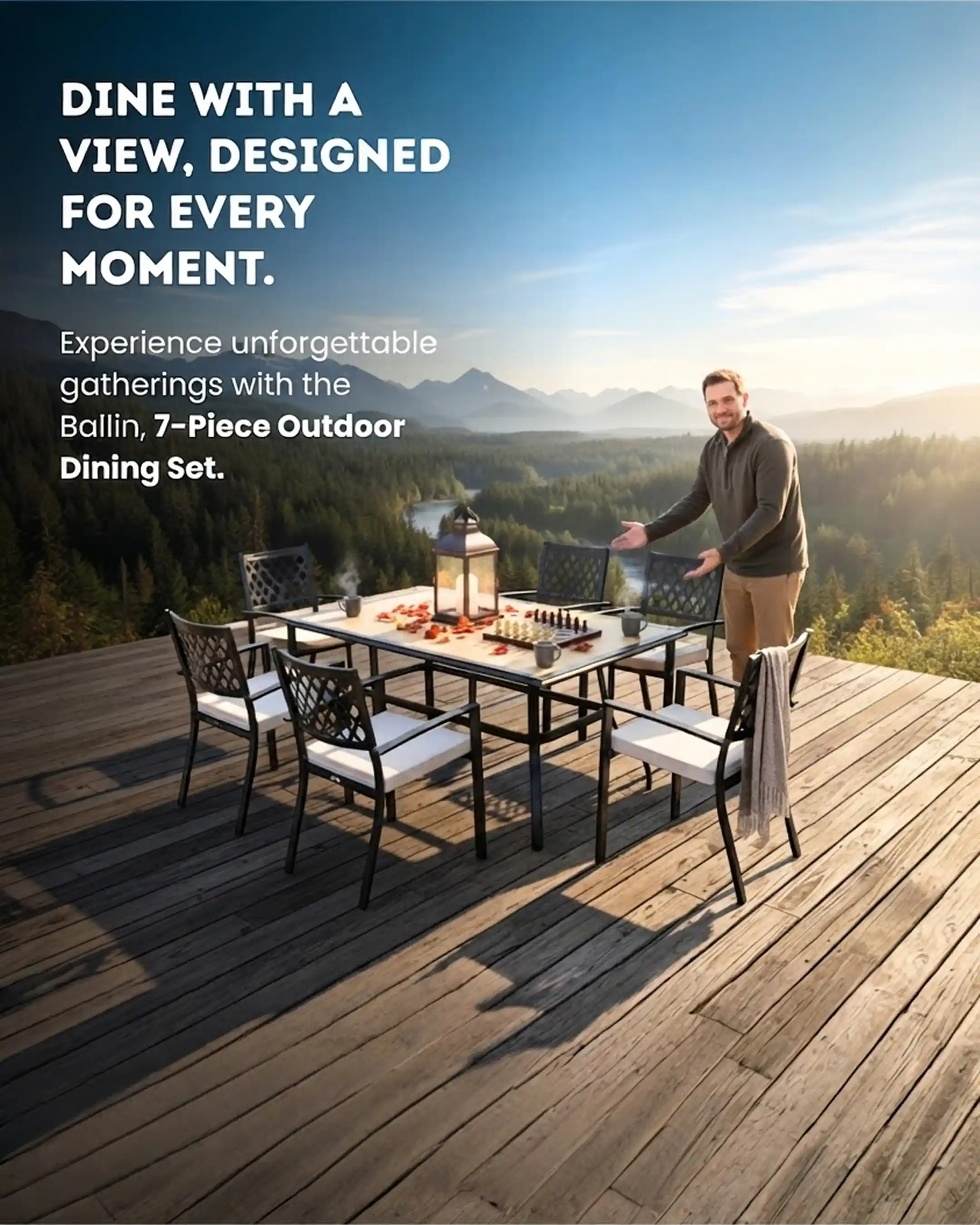 Devon Wood - 7-Piece Outdoor Dining Set | Handwoven Wicker Chairs with Wood-Look Round Table