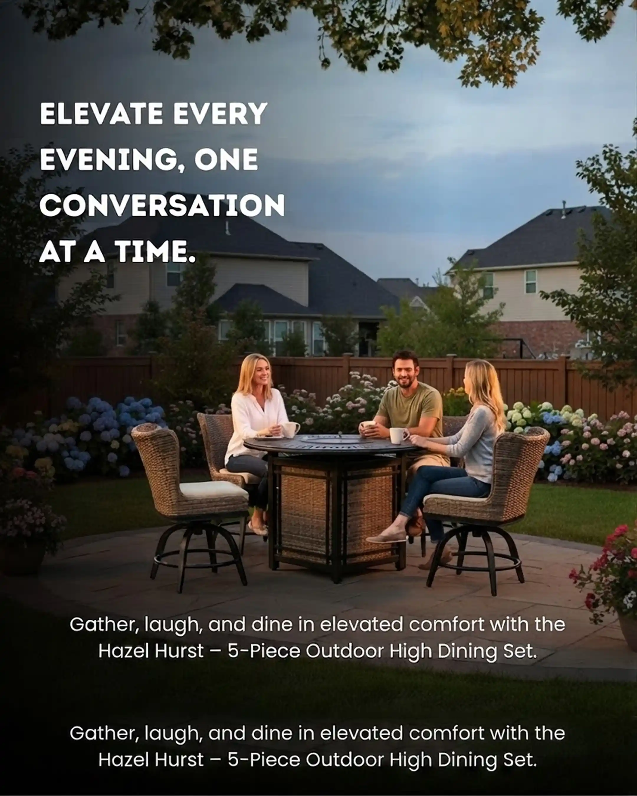 Hazel Hurst - 5-Piece Outdoor High Dining Set with Fire Pit | Wicker Swivel Chairs & Steel Frame