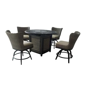 Hazel Hurst - 5-Piece Outdoor High Dining Set with Fire Pit | Wicker Swivel Chairs & Steel Frame