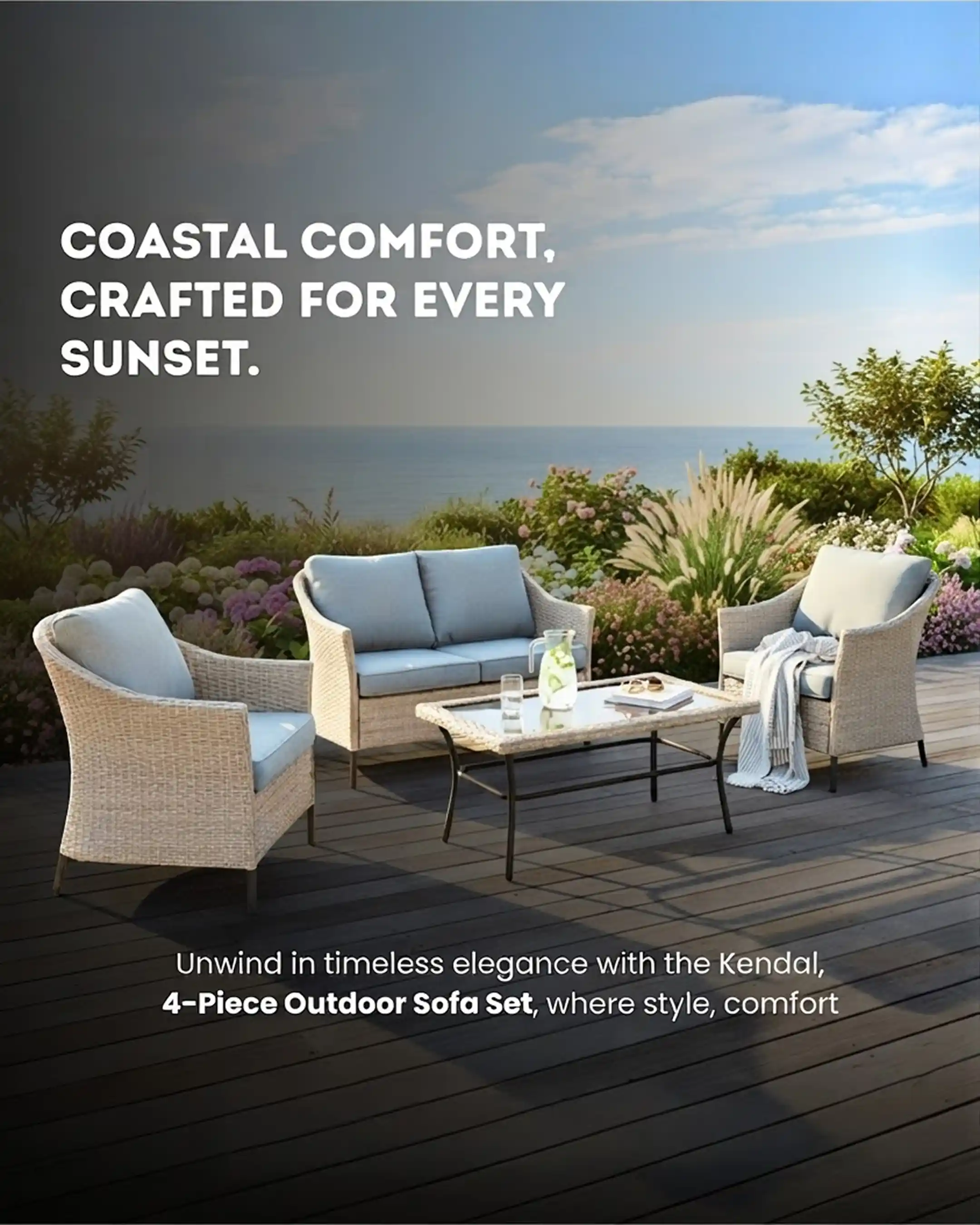 Kendal - 4-Piece Outdoor Sofa Set | Wicker Seating with Glass Coffee Table