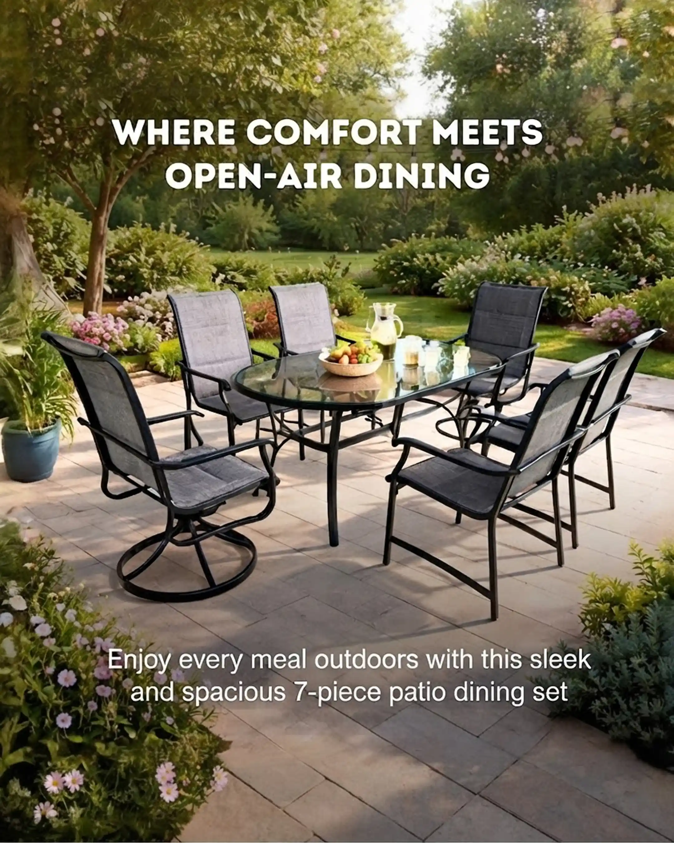 Wyndover - 7-Piece Outdoor Dining Set | Swivel and Fixed Chairs With Oval Glass Table