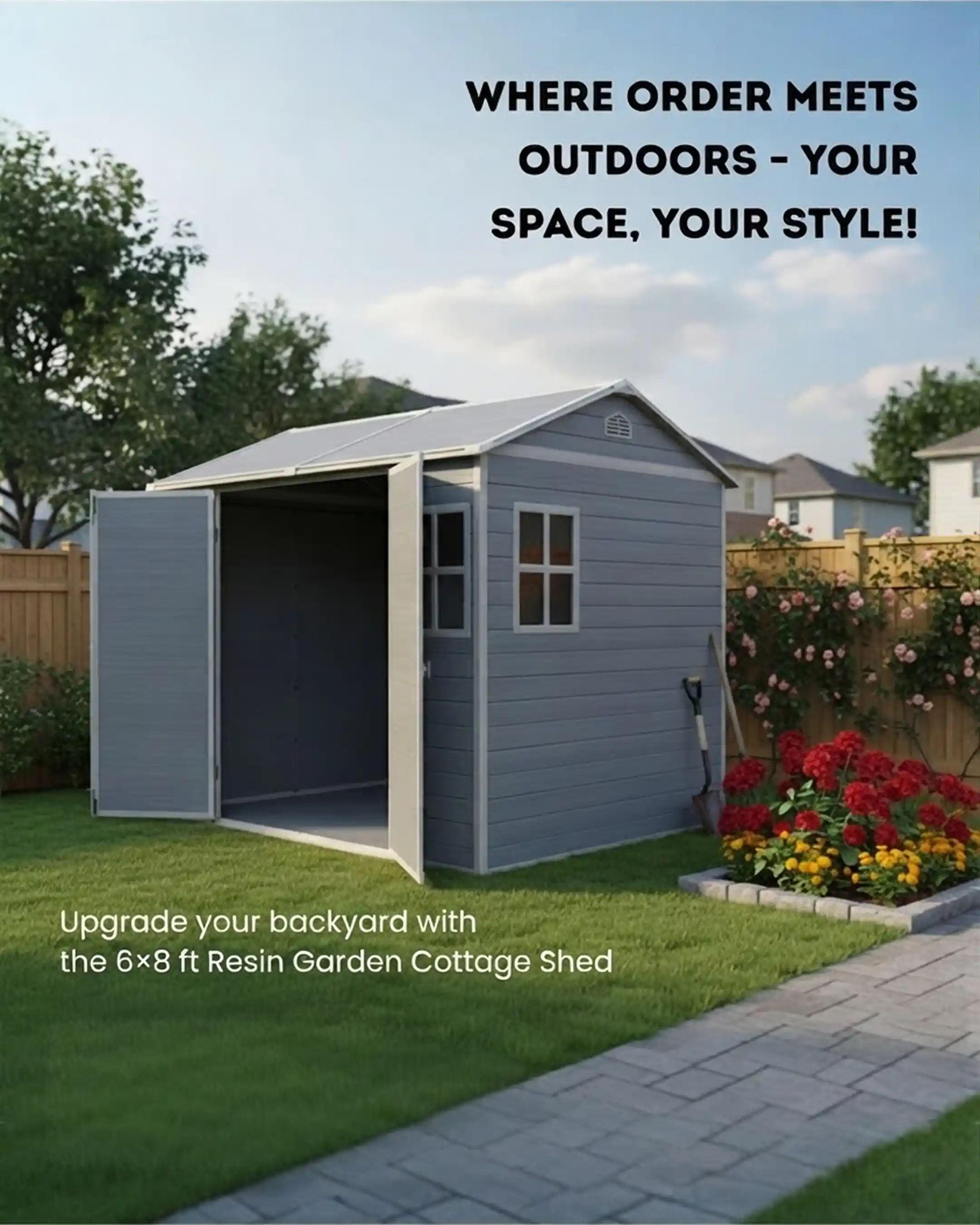 6x8 ft Resin Garden Cottage Shed with Windows, Ventilation & Floor – Durable Outdoor Storage