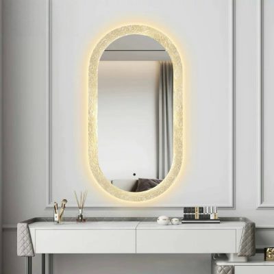 Oval LED Bathroom Mirror with Stone Pattern Acrylic Frame 500×1100mm
